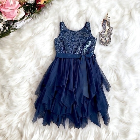 Zunie Other - Zunie Navy Blue Sequin Top Ruffle Tulle Skirt Dress Bow Front Girls Size 8 NWT